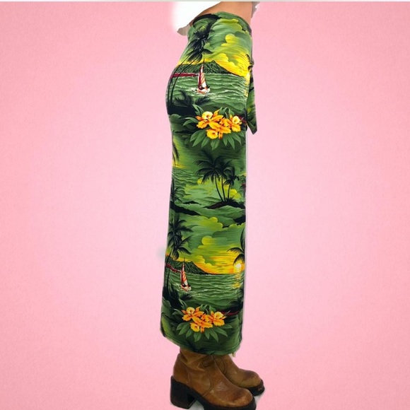 RARE Vintage 90s green tropical hawaii island sunset slinky wrap tie maxi skirt - Picture 3 of 3